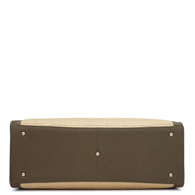 Medium Raffia Wax Leather Book Tote - Beige & Moss