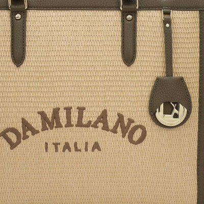 Medium Raffia Wax Leather Book Tote - Beige & Moss