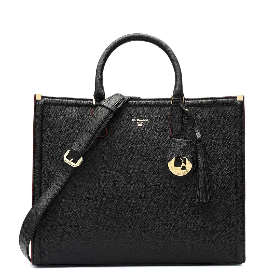 Medium Franzy Leather Book Tote - Black