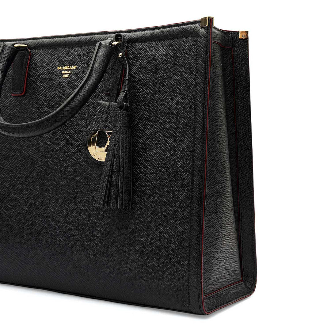 Medium Franzy Leather Book Tote - Black