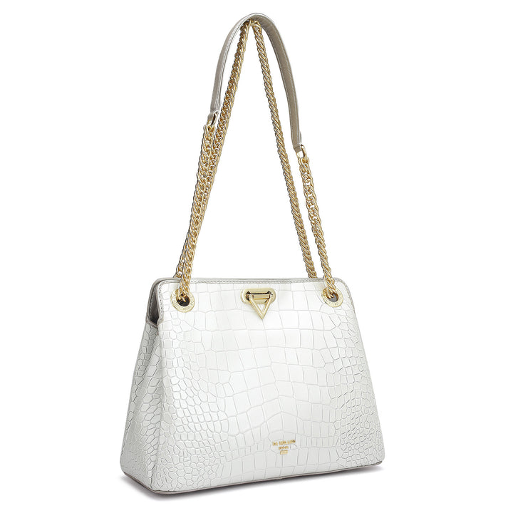 Small Croco Leather Shoulder Bag - Pearl