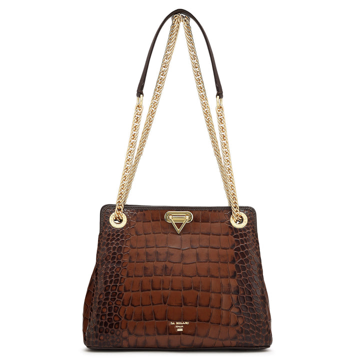 Small Croco Leather Shoulder Bag - Brown