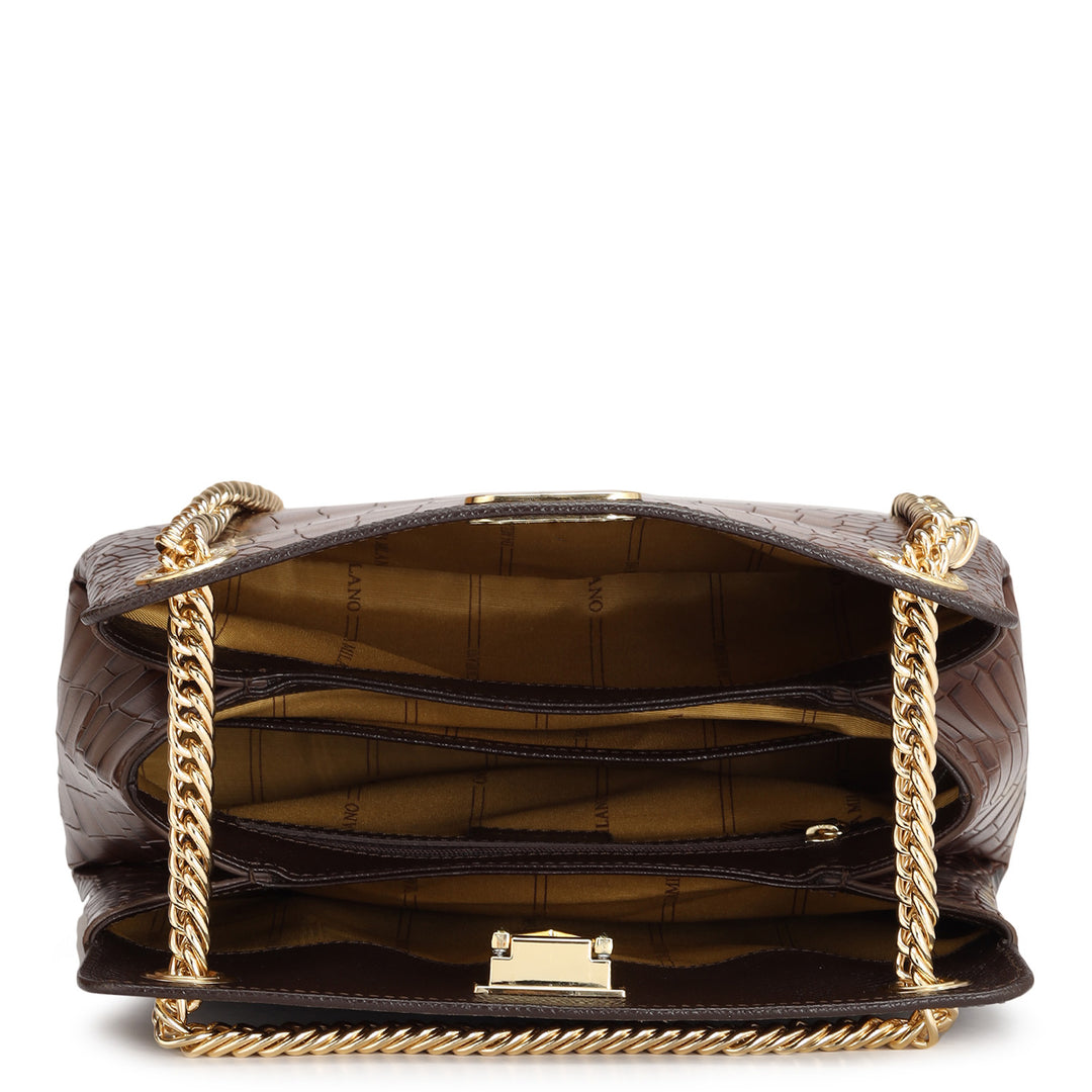 Small Croco Leather Shoulder Bag - Brown