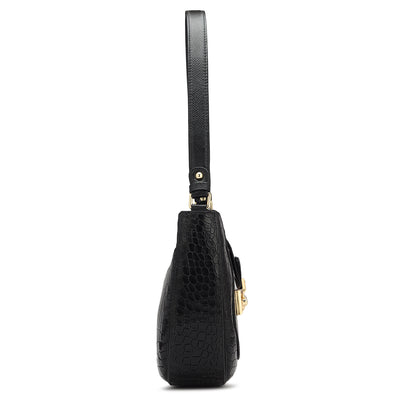 Small Croco Leather Baguette  - Black