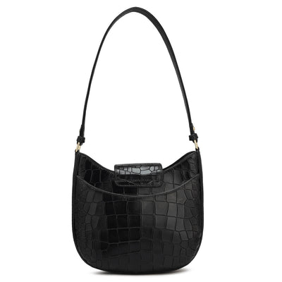 Small Croco Leather Baguette  - Black