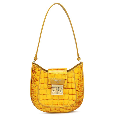 Small Croco Leather Baguette  - Honey