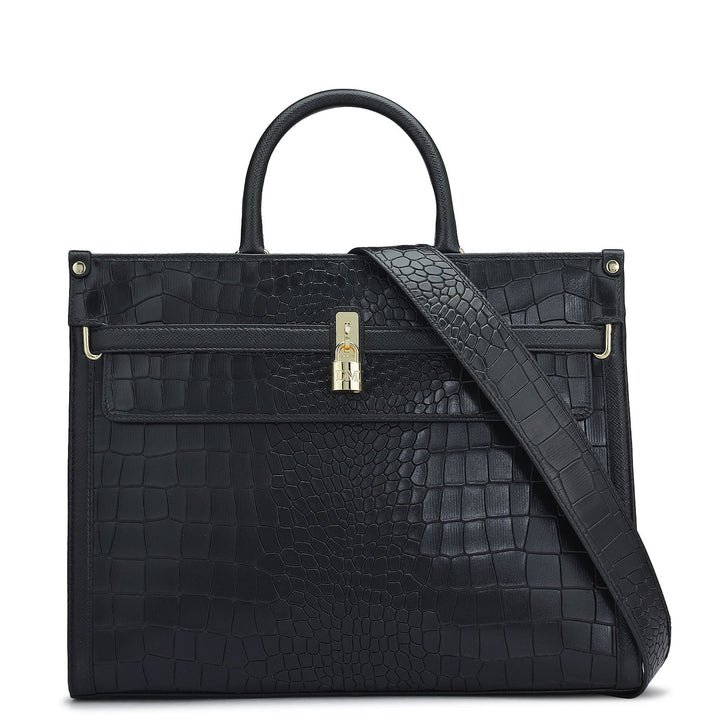 Medium Croco Leather Book Tote - Black
