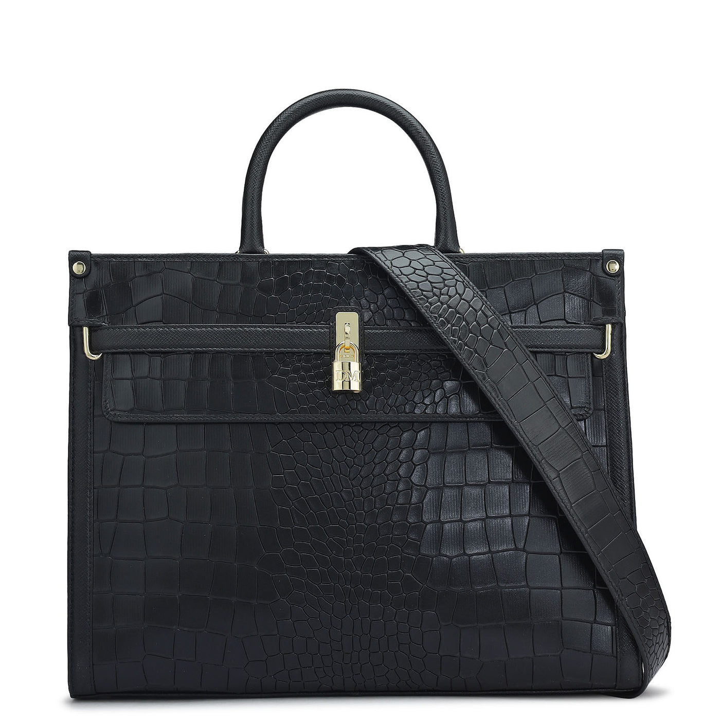 Medium Croco Leather Book Tote - Black