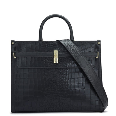 Medium Croco Leather Book Tote - Black