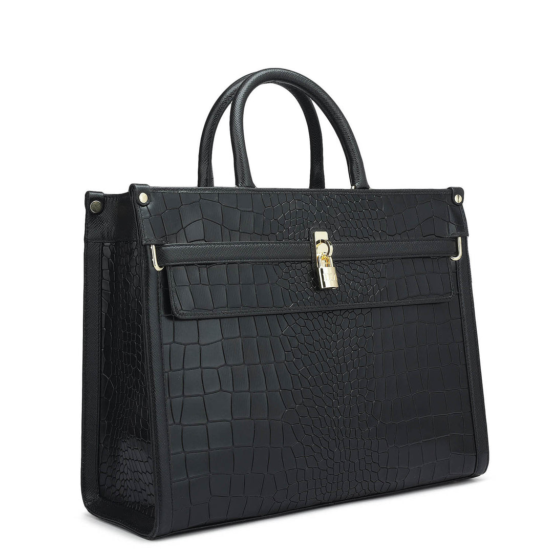 Medium Croco Leather Book Tote - Black
