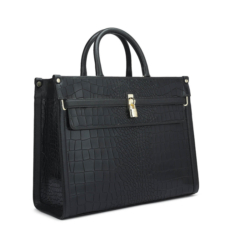 Medium Croco Leather Book Tote - Black