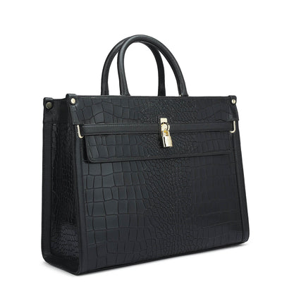 Medium Croco Leather Book Tote - Black