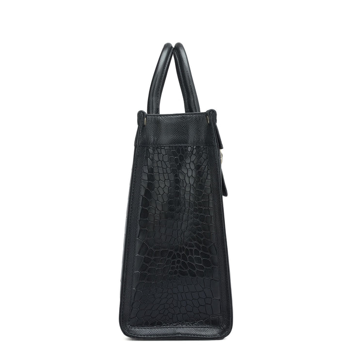 Medium Croco Leather Book Tote - Black