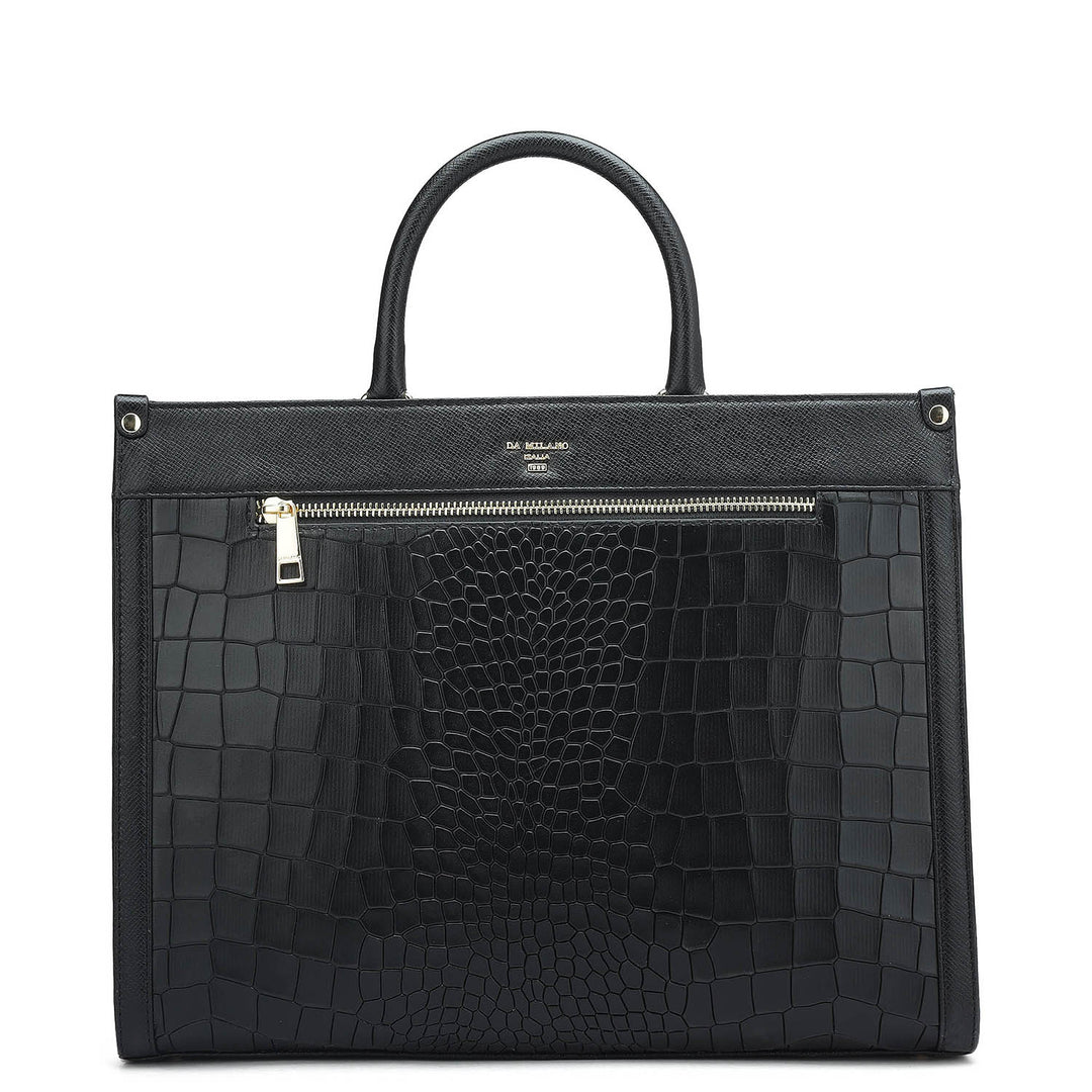 Medium Croco Leather Book Tote - Black