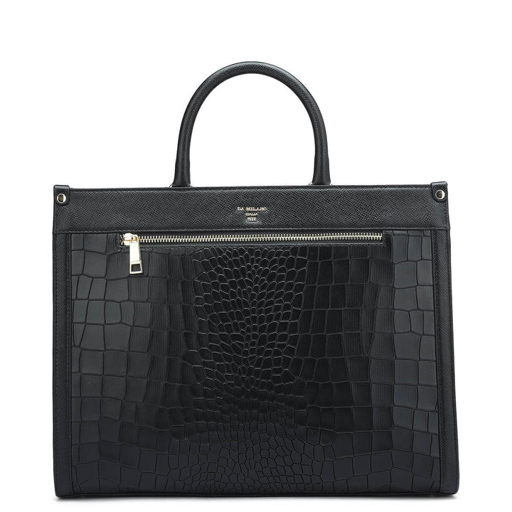 Medium Croco Leather Book Tote - Black