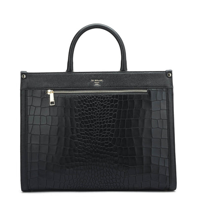 Medium Croco Leather Book Tote - Black