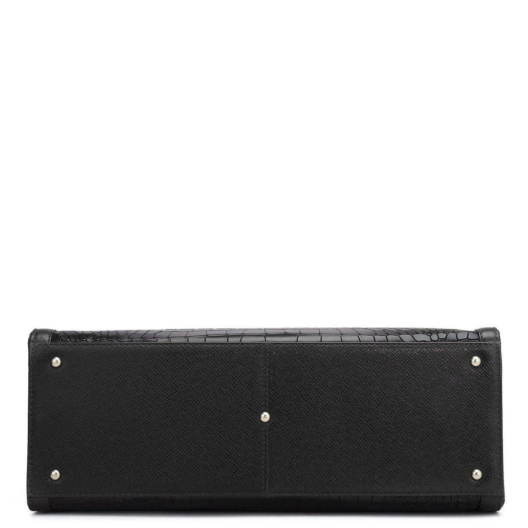 Medium Croco Leather Book Tote - Black