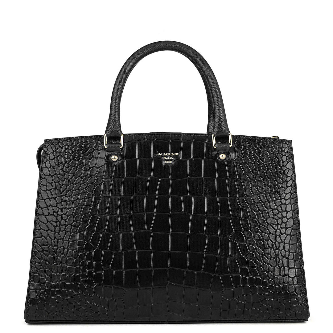Medium Croco Leather Satchel - Black