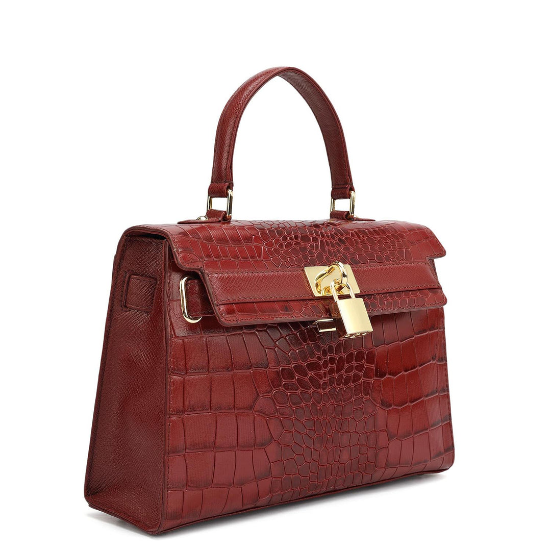 Small Croco Leather Satchel - Cherry