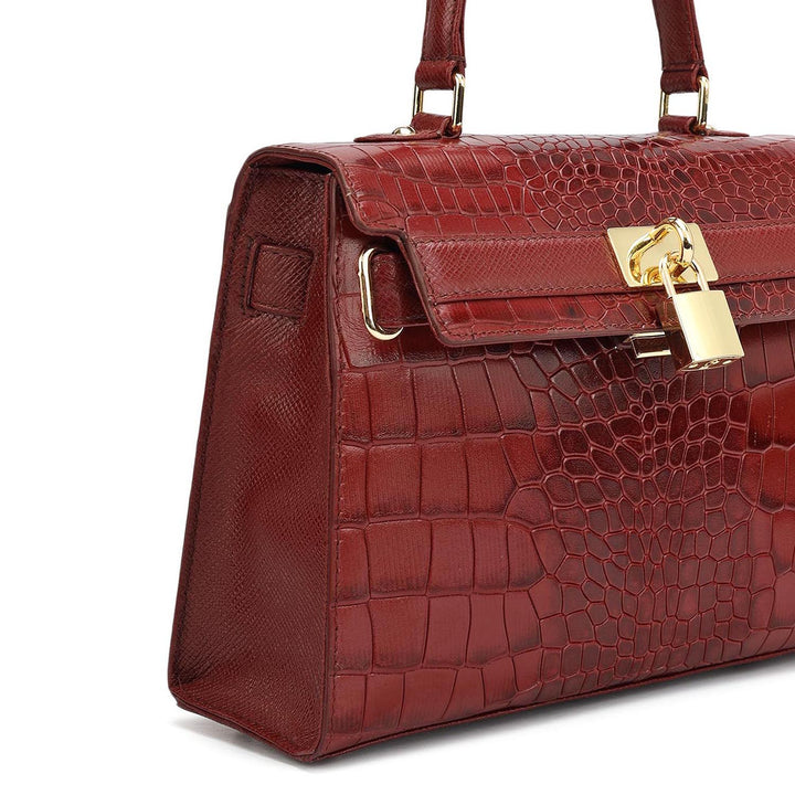 Small Croco Leather Satchel - Cherry