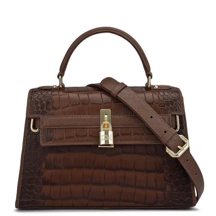 Small Croco Leather Satchel - Walnut