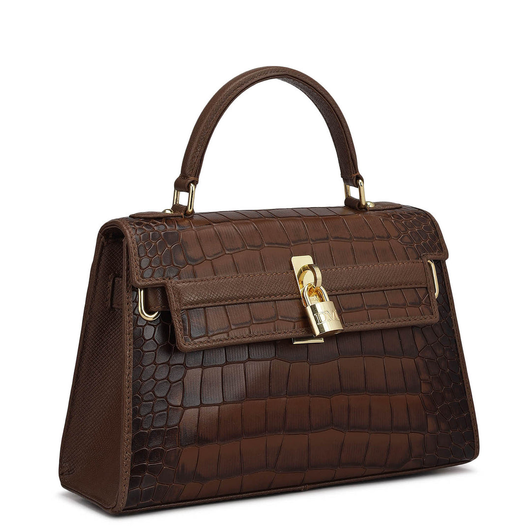 Small Croco Leather Satchel - Walnut