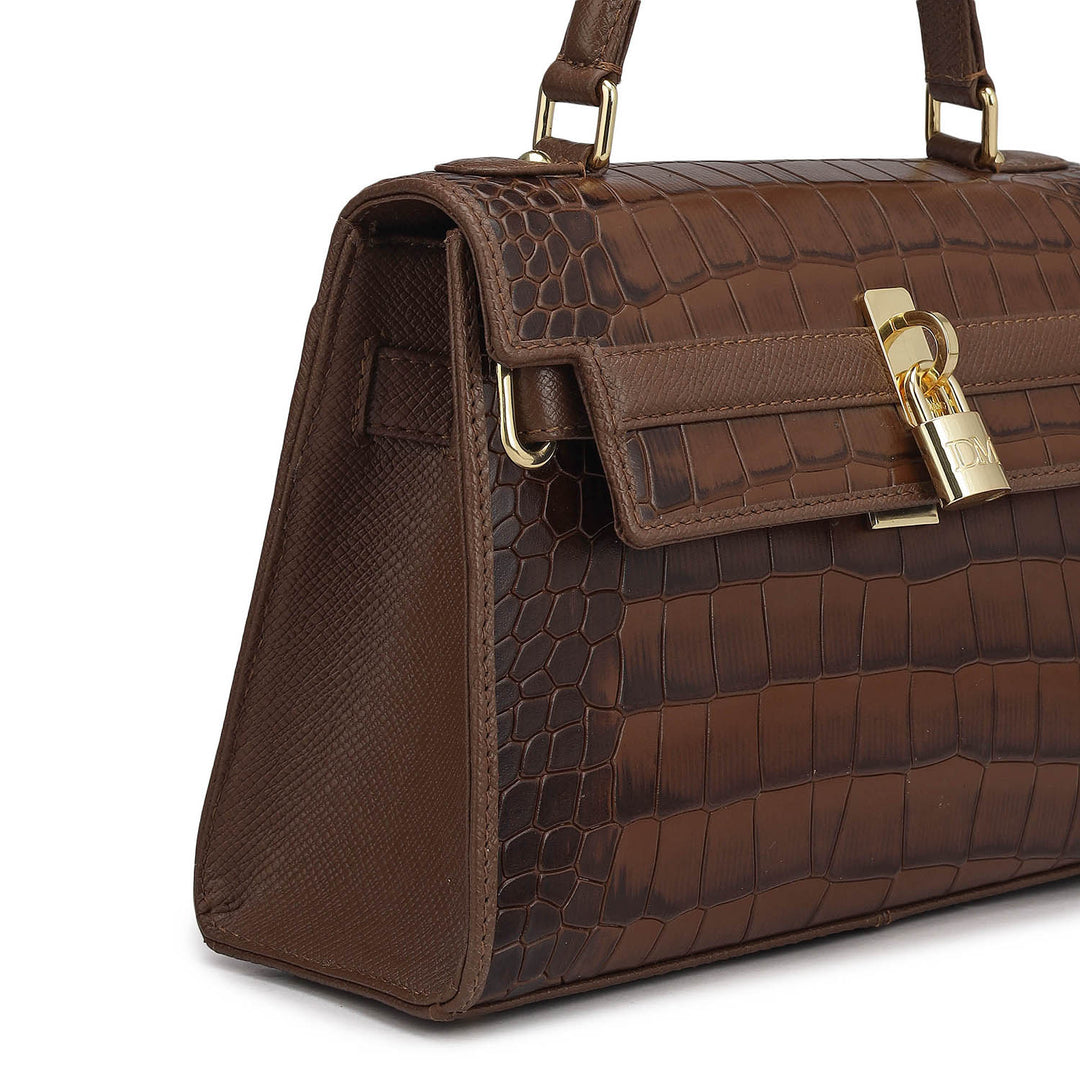 Small Croco Leather Satchel - Walnut