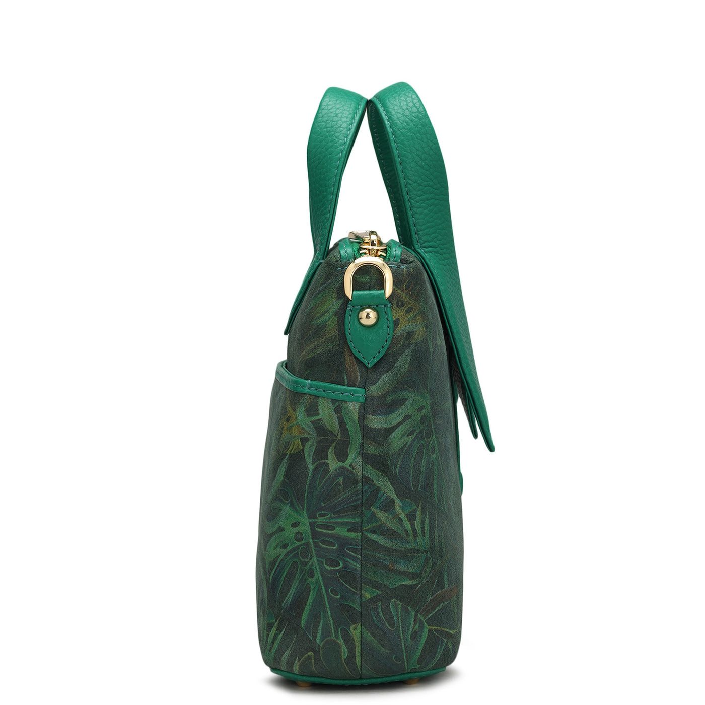 Small Floral Leather Satchel - Green