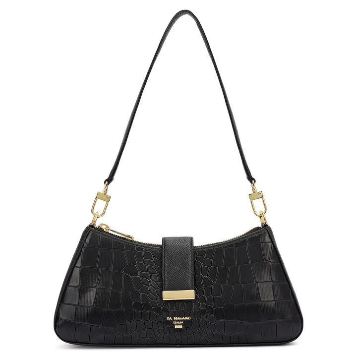 Small Croco Leather Baguette - Black