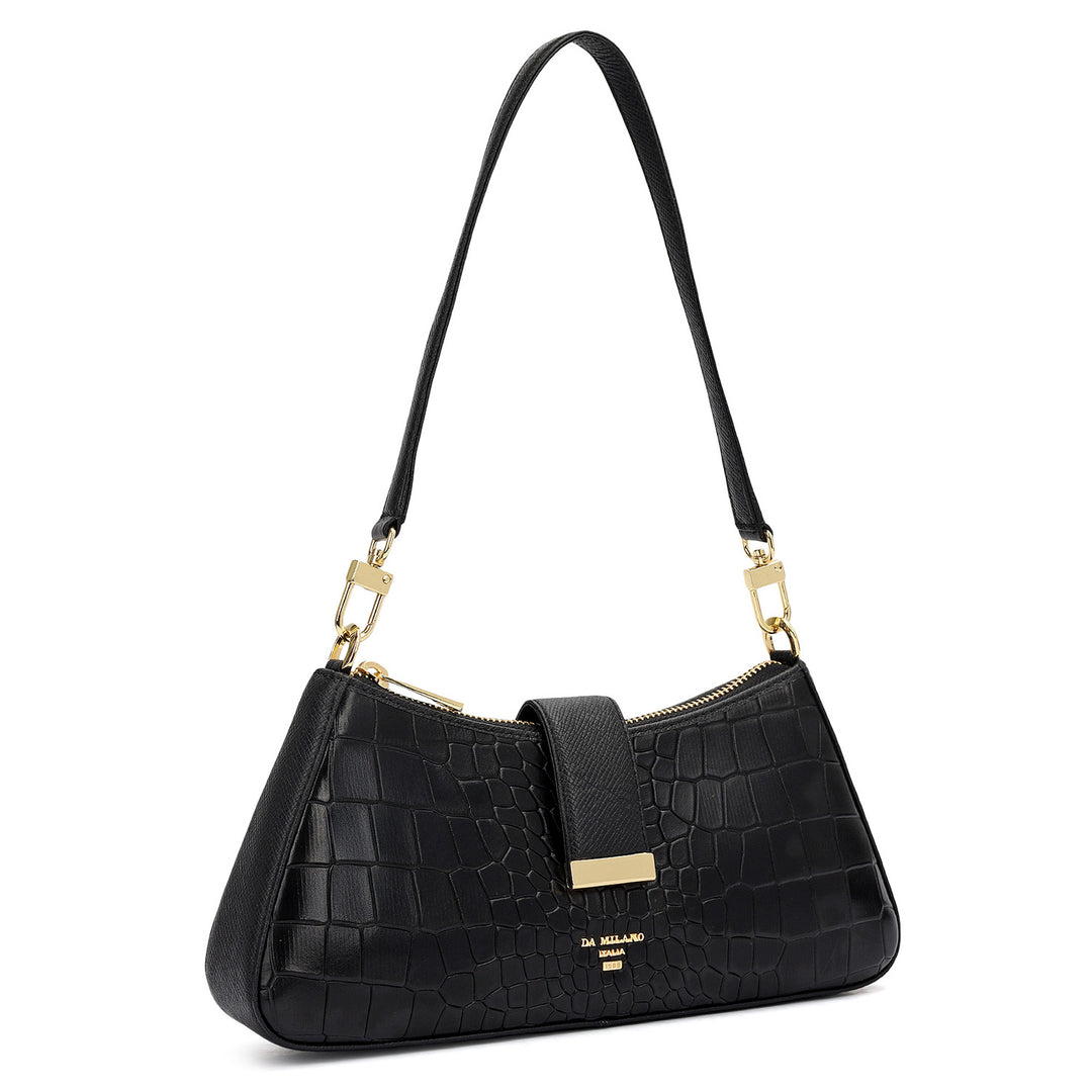 Small Croco Leather Baguette - Black