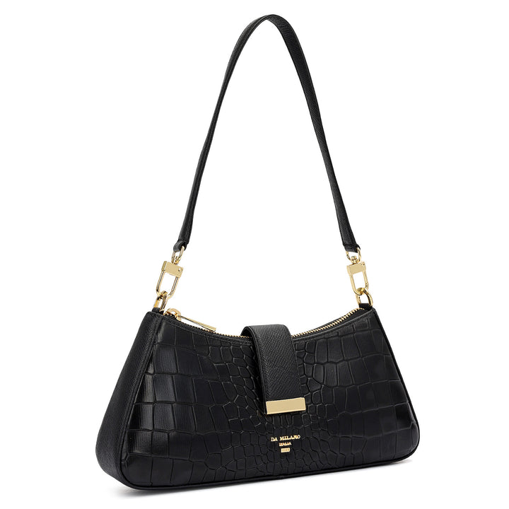 Small Croco Leather Baguette - Black