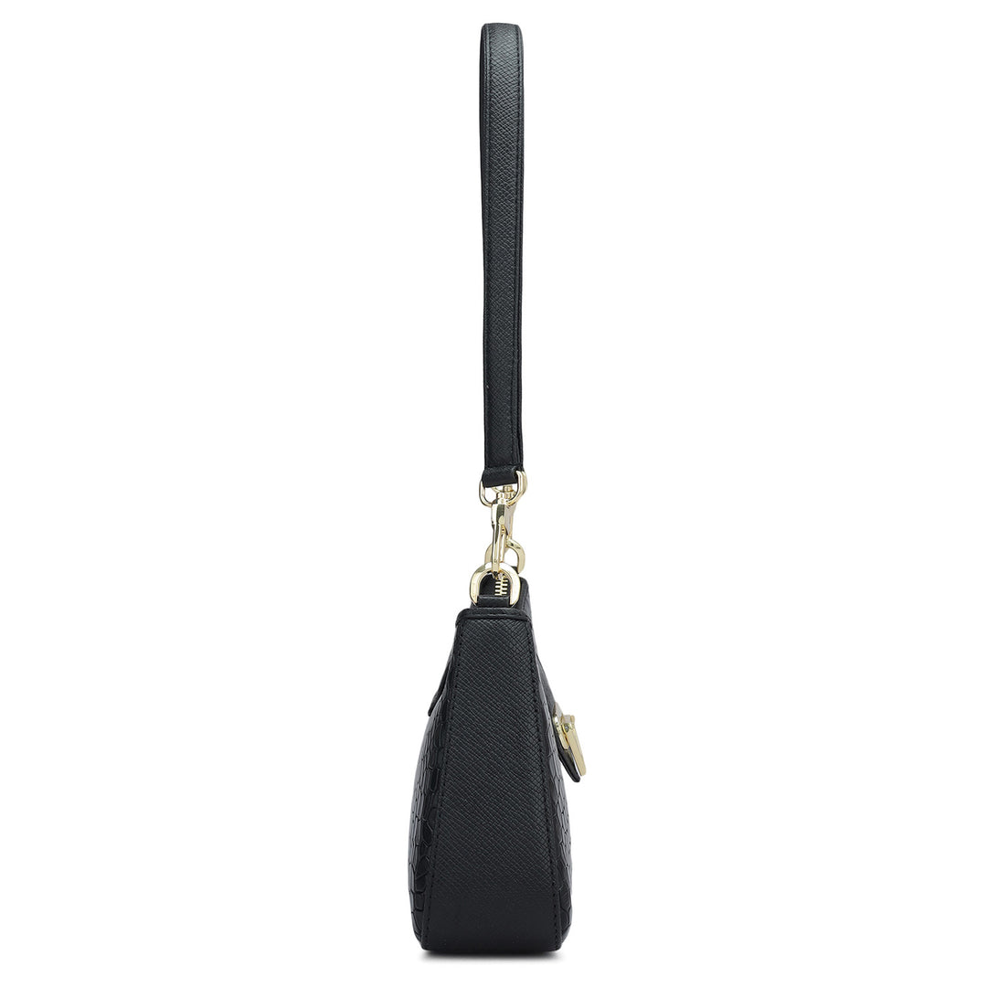 Small Croco Leather Baguette - Black