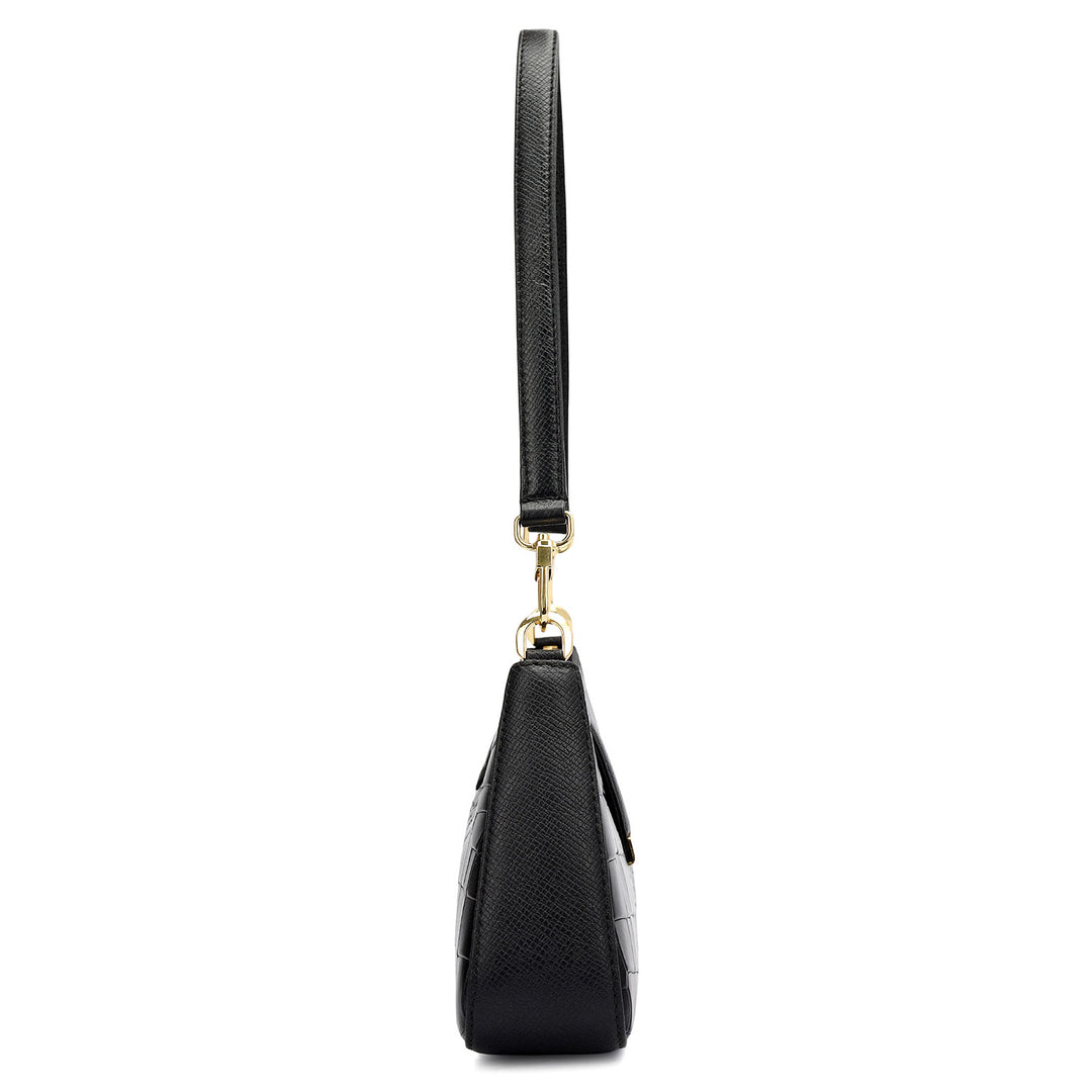 Small Croco Leather Baguette - Black
