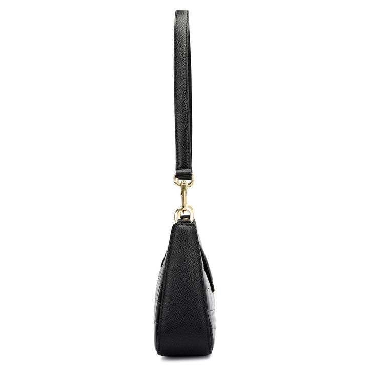 Small Croco Leather Baguette - Black