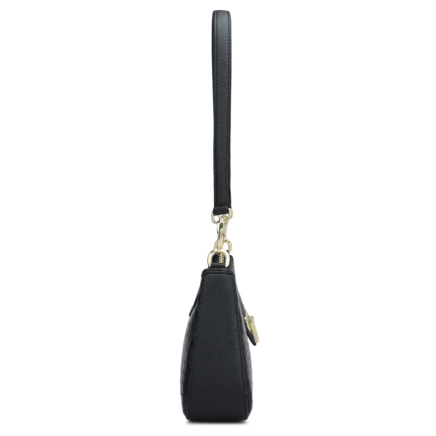 Small Croco Leather Baguette - Black
