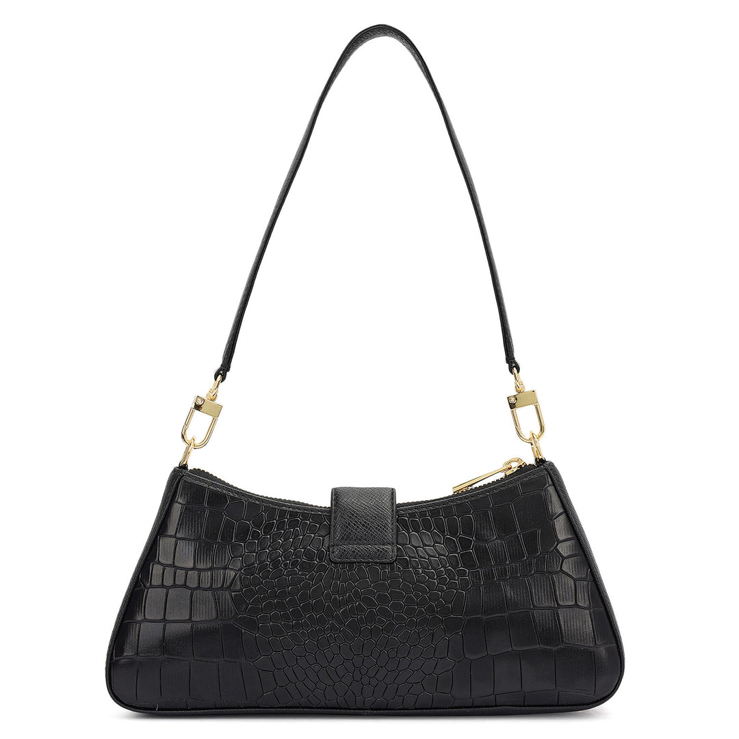 Small Croco Leather Baguette - Black
