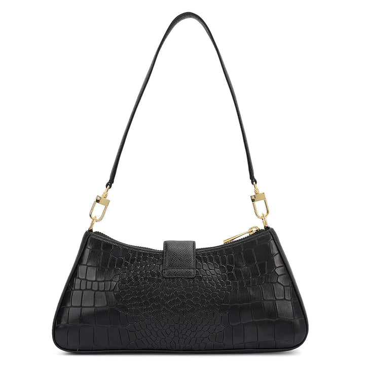 Small Croco Leather Baguette - Black