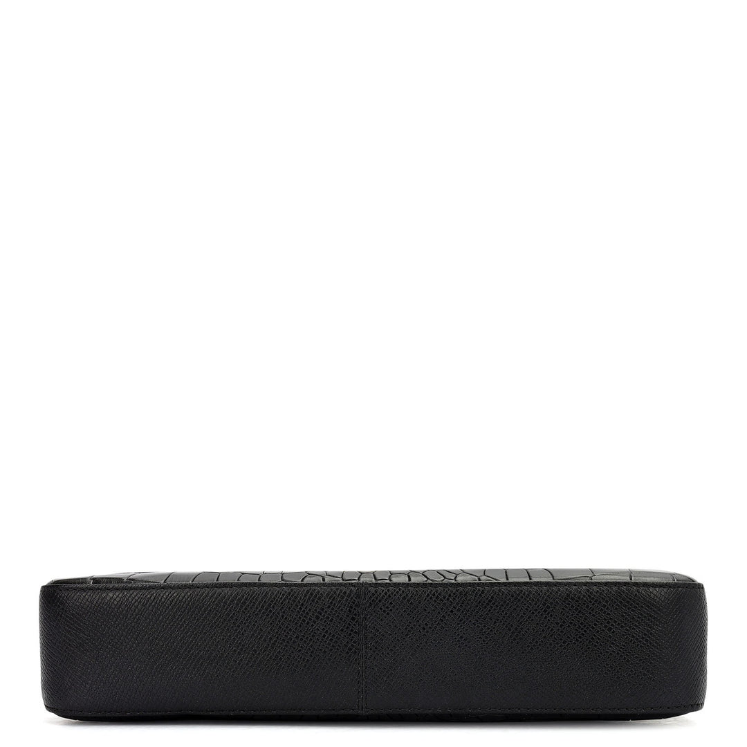 Small Croco Leather Baguette - Black