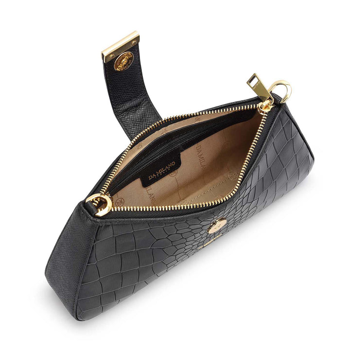 Small Croco Leather Baguette - Black