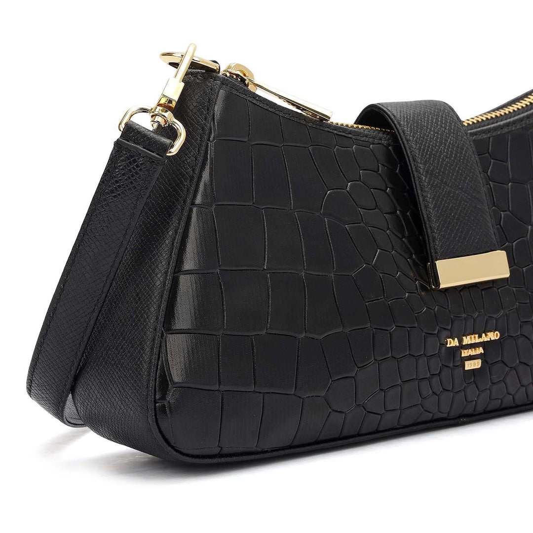 Small Croco Leather Baguette - Black