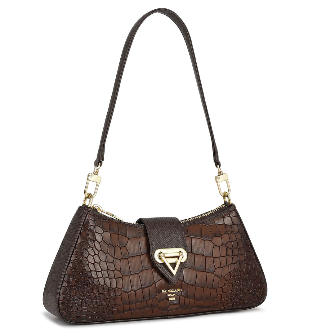 Small Croco Leather Baguette  - Brown