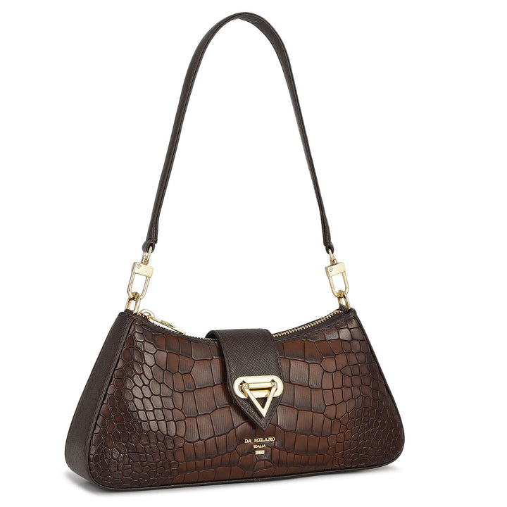 Small Croco Leather Baguette  - Brown