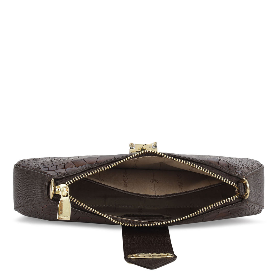 Small Croco Leather Baguette  - Brown