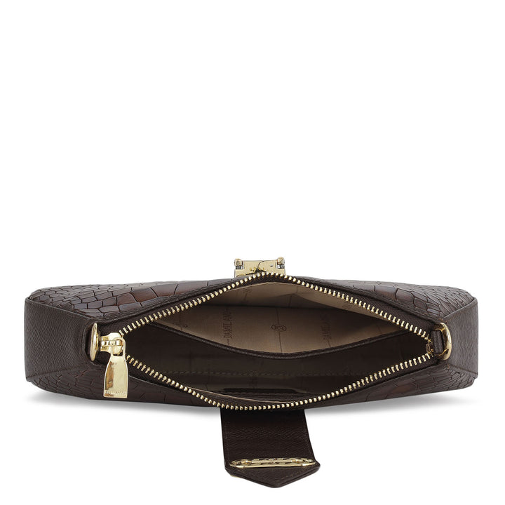 Small Croco Leather Baguette  - Brown