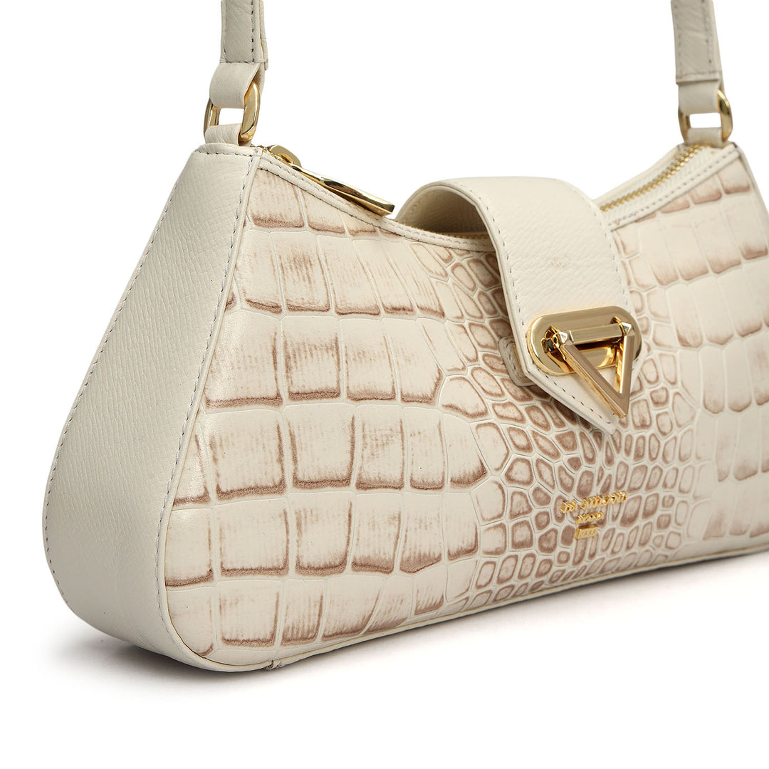 Small Croco Leather Baguette - Marshmallow