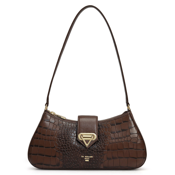 Small Croco Leather Baguette - Walnut