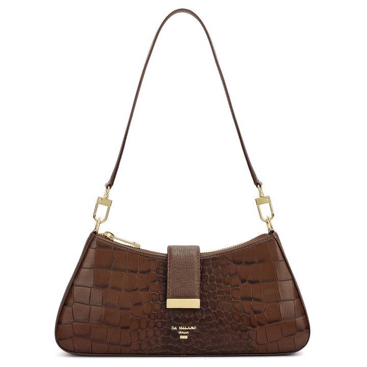 Small Croco Leather Baguette - Walnut