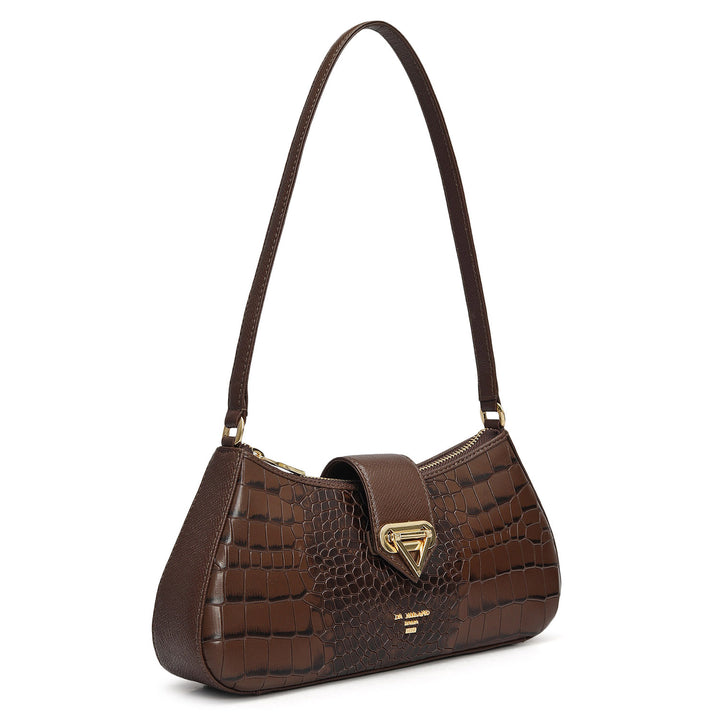 Small Croco Leather Baguette - Walnut