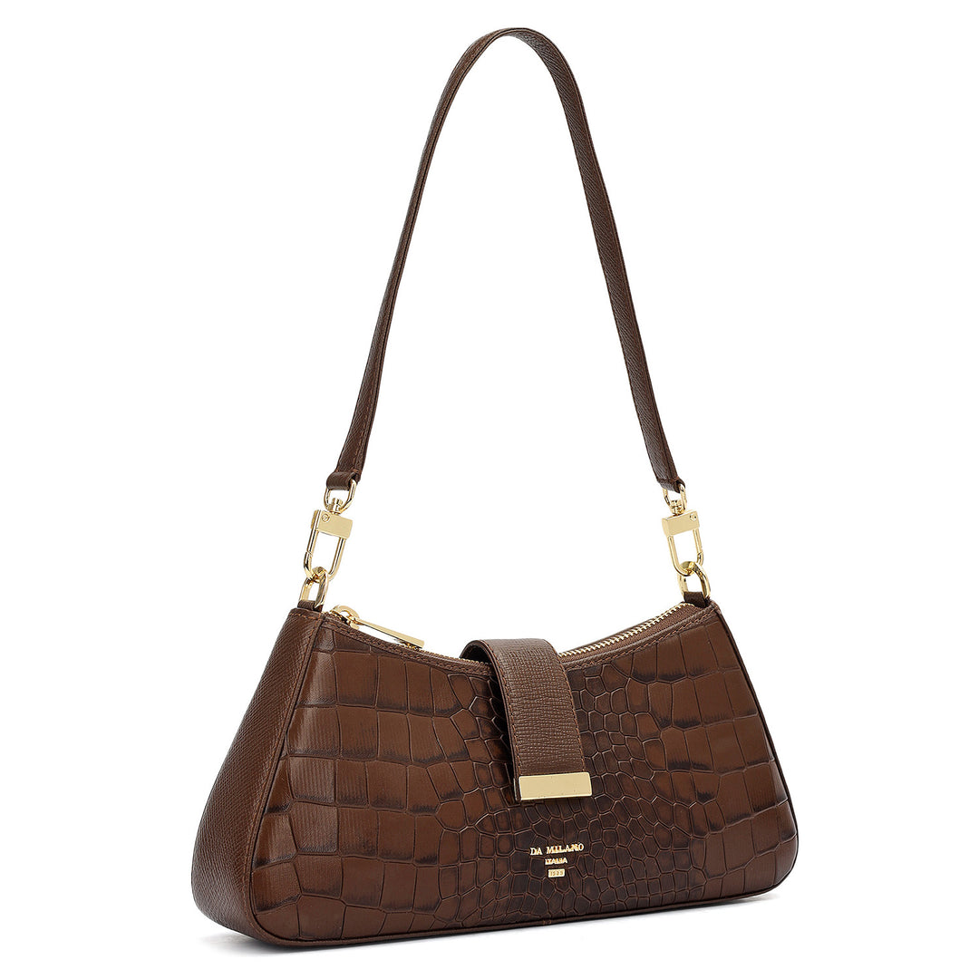 Small Croco Leather Baguette - Walnut