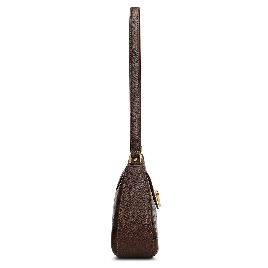 Small Croco Leather Baguette - Walnut